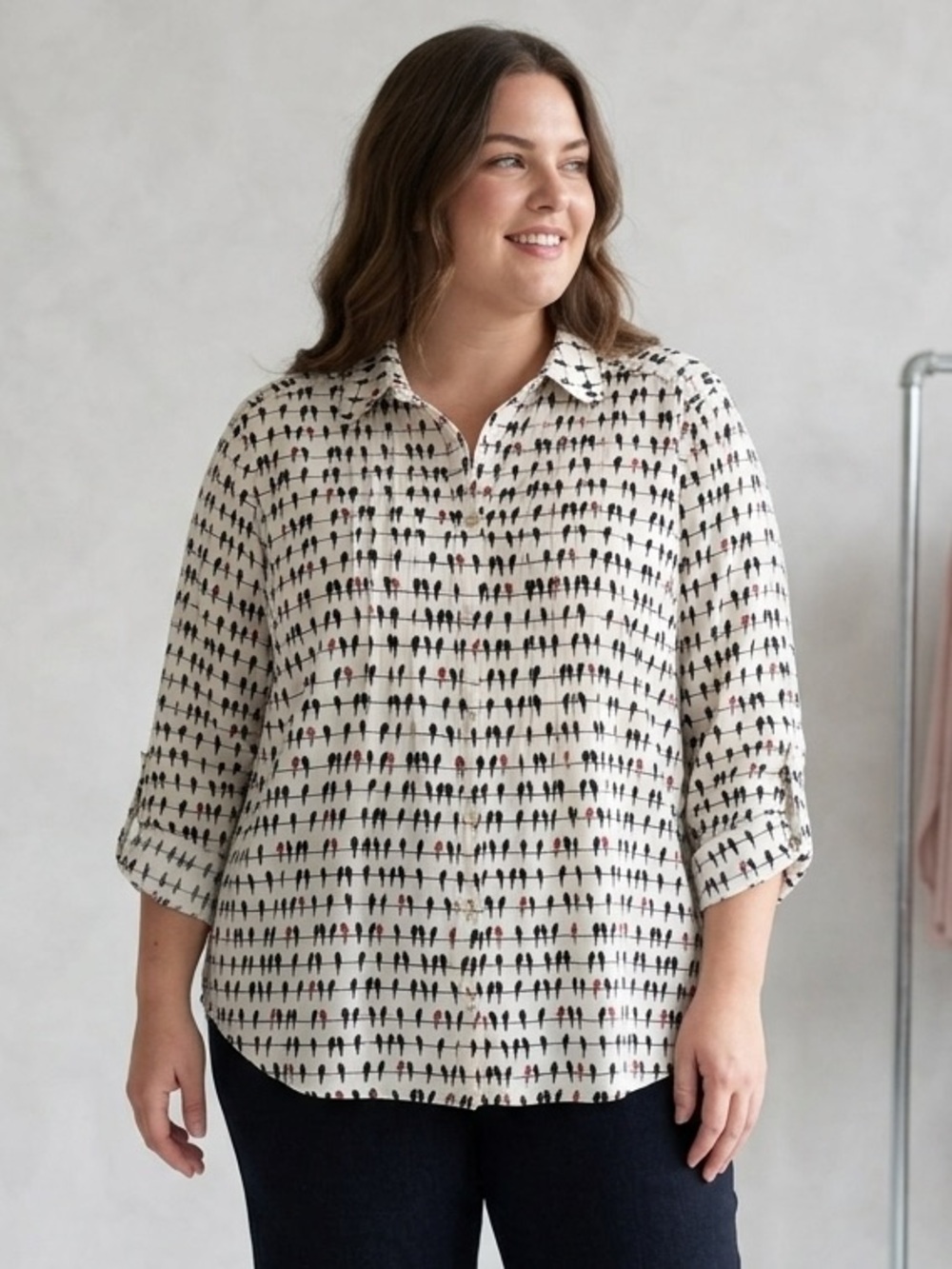 Jane and Delancey Cream Button Down Shirt with Birds - 1X